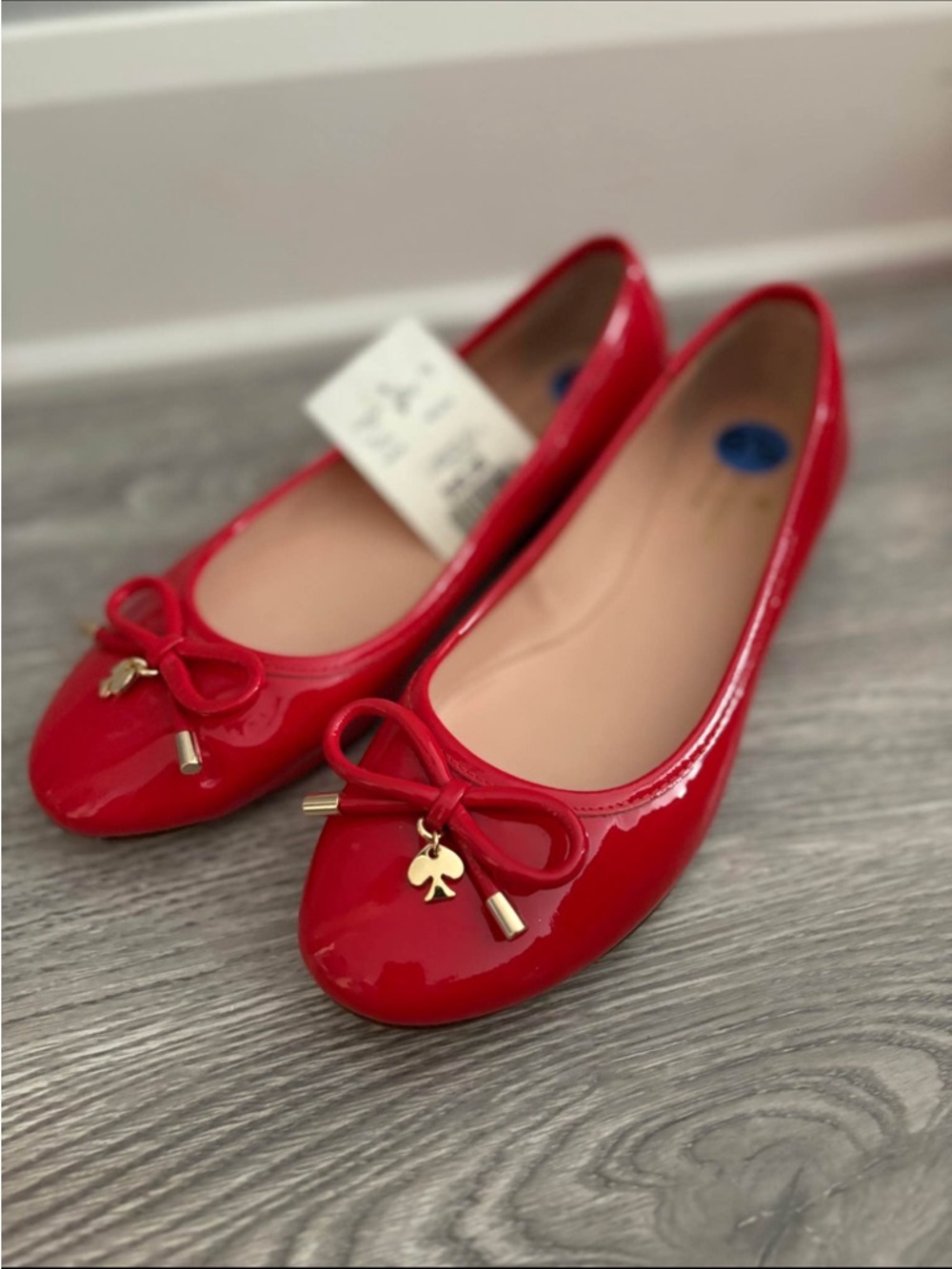 kate spade Red Patent Bow Ballet Flats with Gold Clover Charm